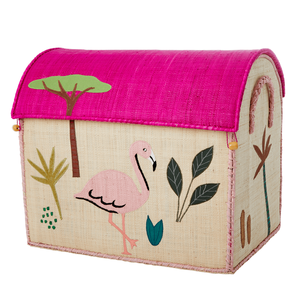 Rice Large Flamingo Raffia Basket Jungle
